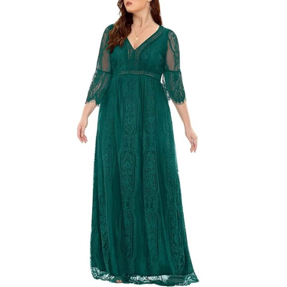 NWT Pinup Fashion Emerald Green Boho Lace V-Neck Maxi Dress 18W - Picture 3 of 14